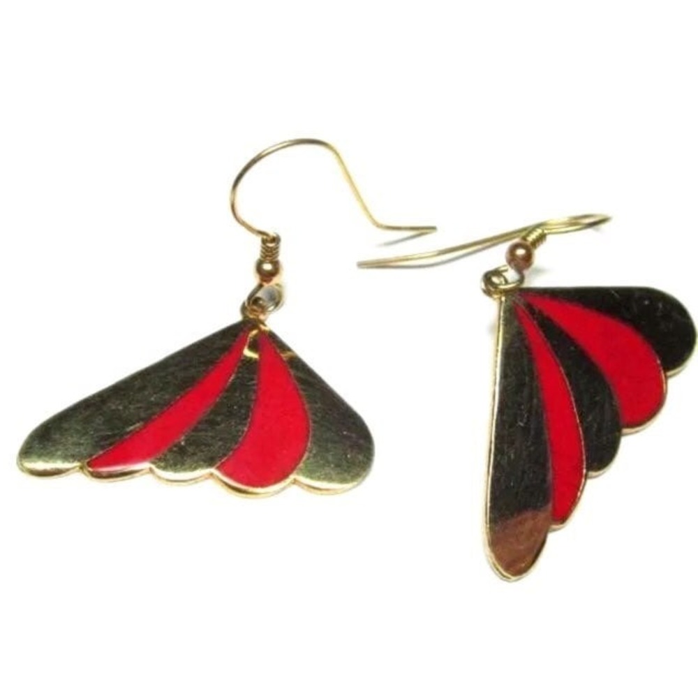 Vintage red enamel gold plated wing drop dangle pierced 1980s earrings